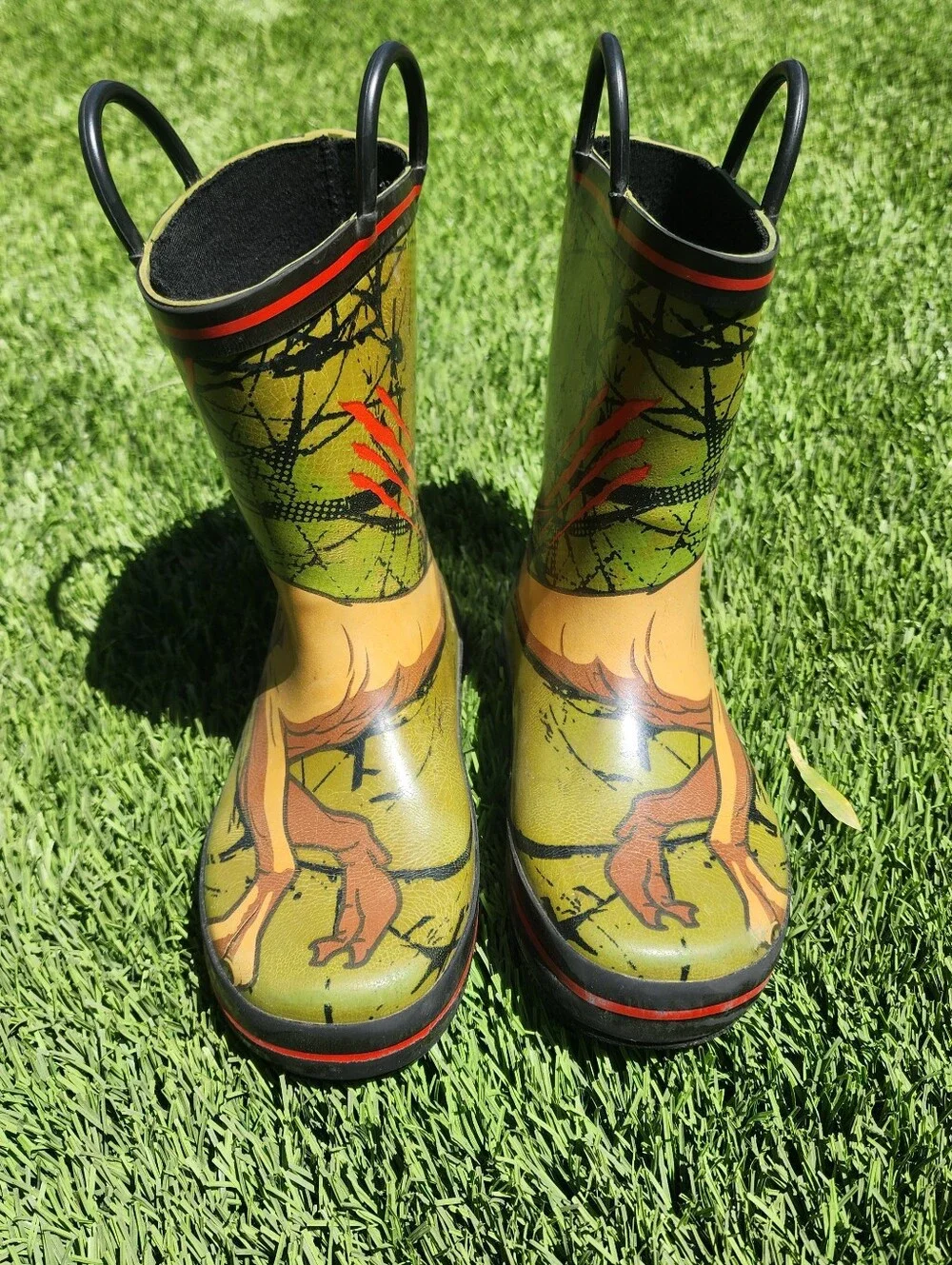 Kids Dinosaur Rain Boots Size 10C Green and Orange Jurassic Park